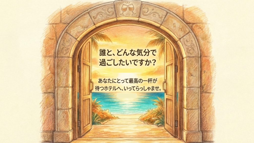 最高の一杯が待つホテルへいってらっしゃいというメッセージで締めくくるスライド。