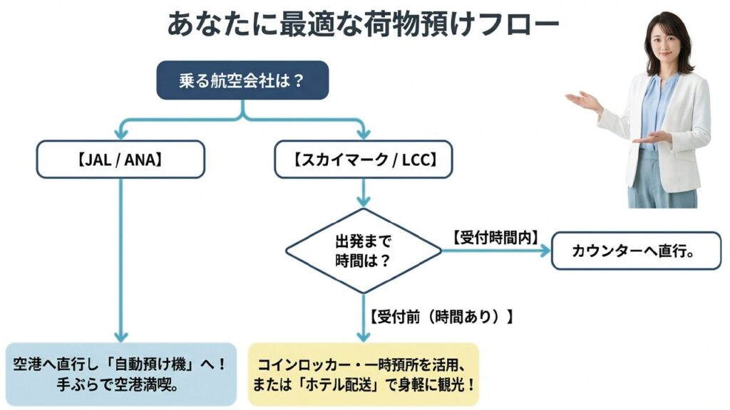那覇空港の荷物預けは何時間前から可能?各社の規定と賢い過ごし方 12 利用航空会社と時間でわかる最適な荷物預けフローチャート