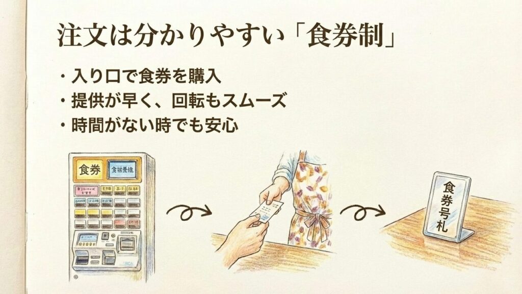 注文は分かりやすい食券制。提供が早く回転もスムーズ
