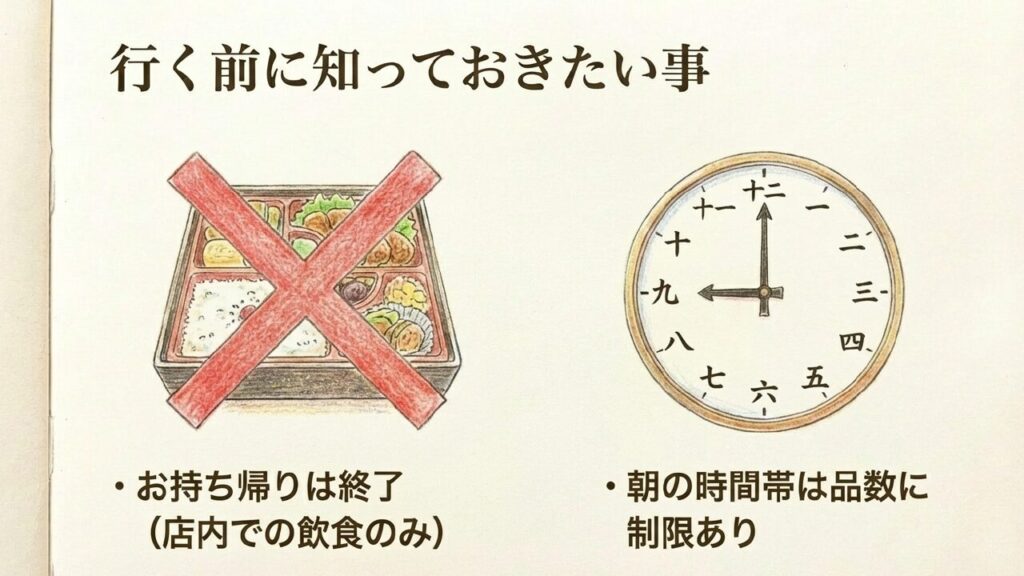 行く前に知っておきたい事（お持ち帰り終了、朝の時間帯は品数制限あり）