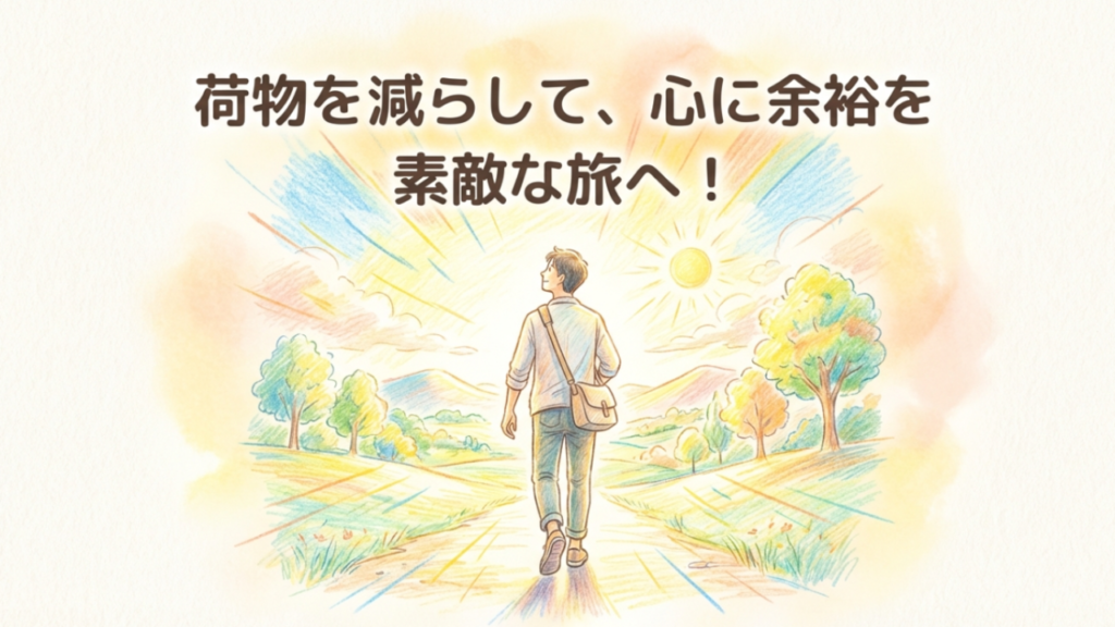 「荷物を減らして心に余裕を。素敵な旅へ！」というメッセージが添えられたまとめスライド