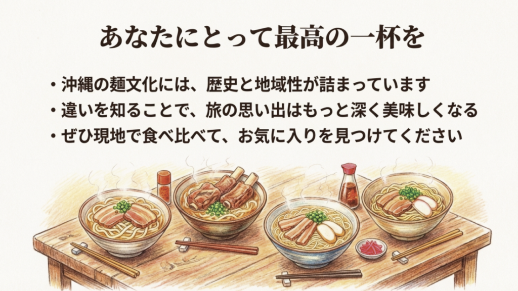 沖縄そば、ソーキそば、八重山そばなどが並んだイラスト