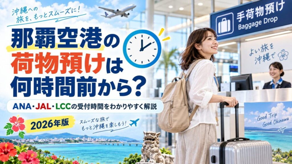 那覇空港の荷物預けは何時間前からかをANA・JAL・LCC別に解説するアイキャッチ画像