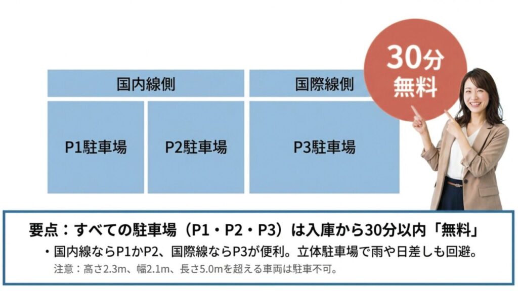 那覇空港のP1・P2・P3駐車場は入庫から30分以内無料であることの解説
