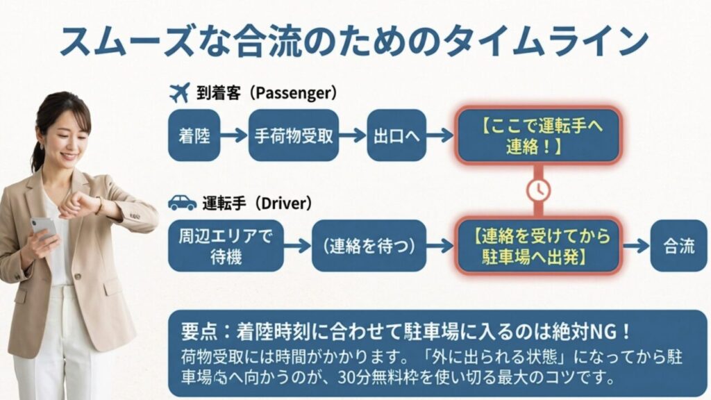 到着客が外に出られる状態になってから運転手が駐車場へ出発する理想的なタイムライン