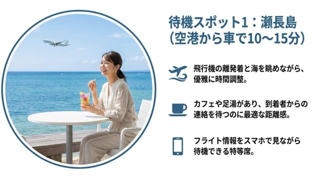 空港から車で10〜15分の距離にある、飛行機と海を眺めながら待機できる瀬長島の紹介