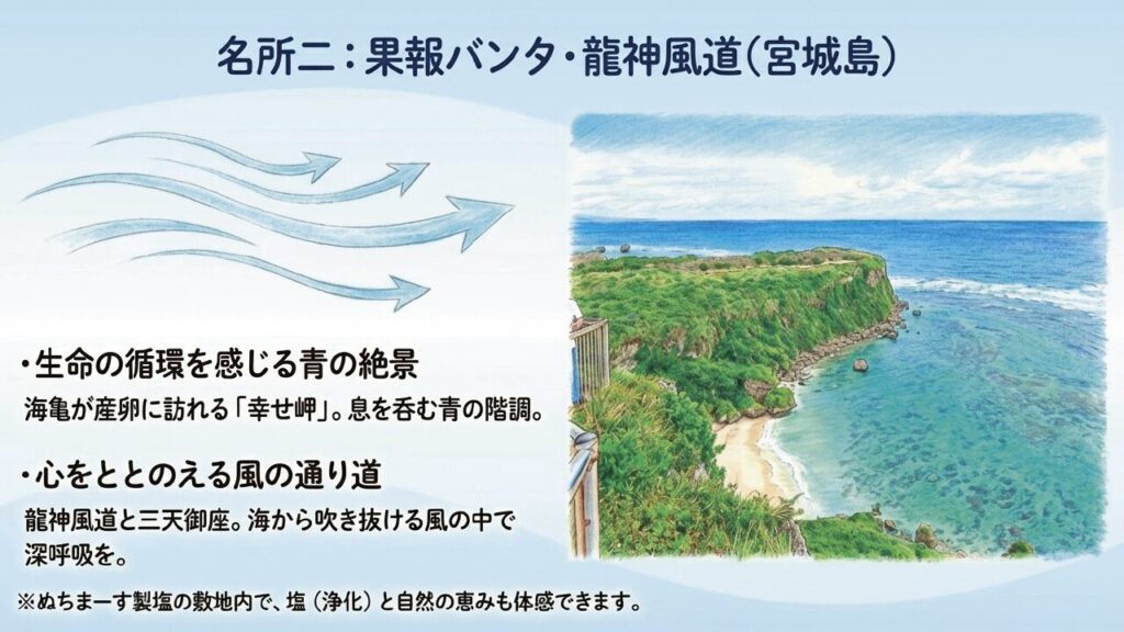 果報バンタの絶景 宮城島の果報バンタから見下ろす美しい青い海のグラデーション