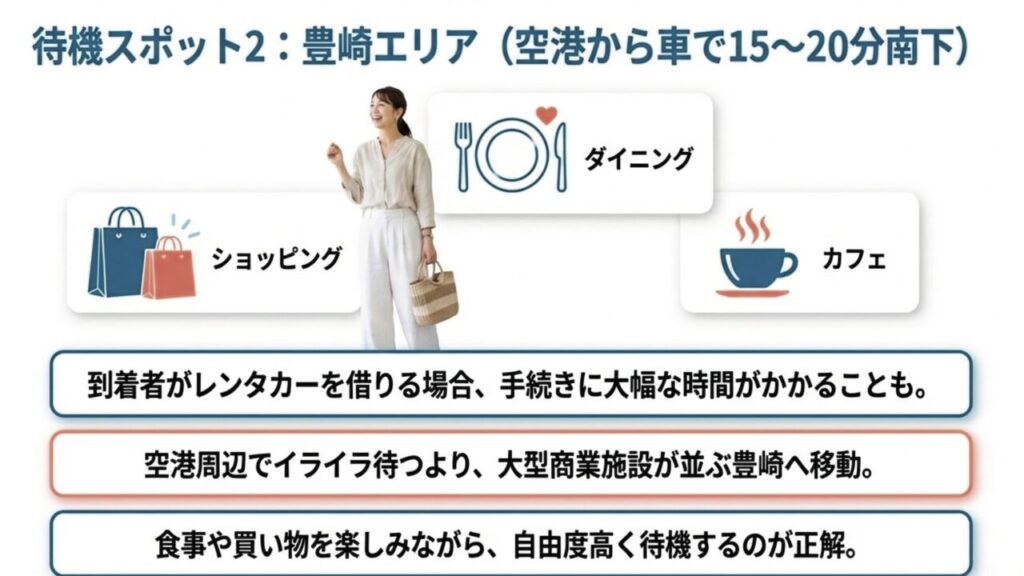 大型商業施設が並び、レンタカー手続き待ちの間の待機にも適した豊崎エリアの紹介