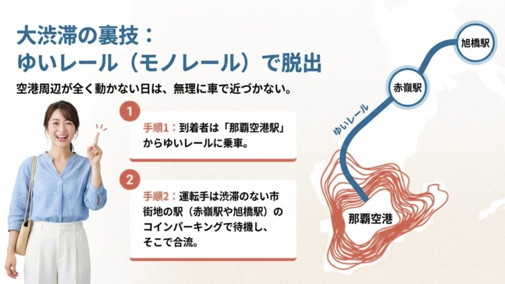空港周辺が大渋滞の際、到着者はゆいレールに乗り、市街地の駅で運転手と合流する裏技