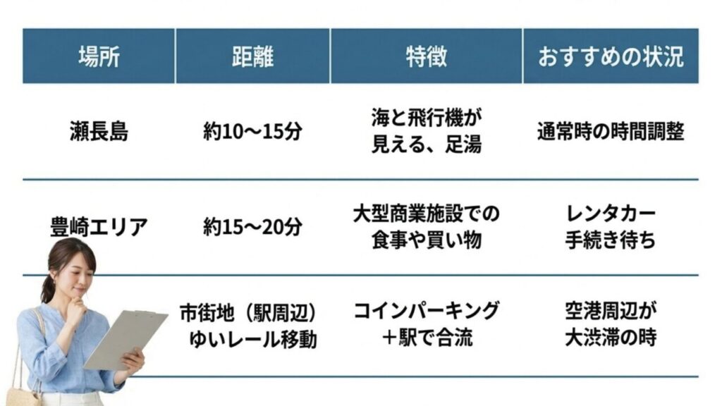 瀬長島、豊崎エリア、市街地駅周辺での待機状況の比較表