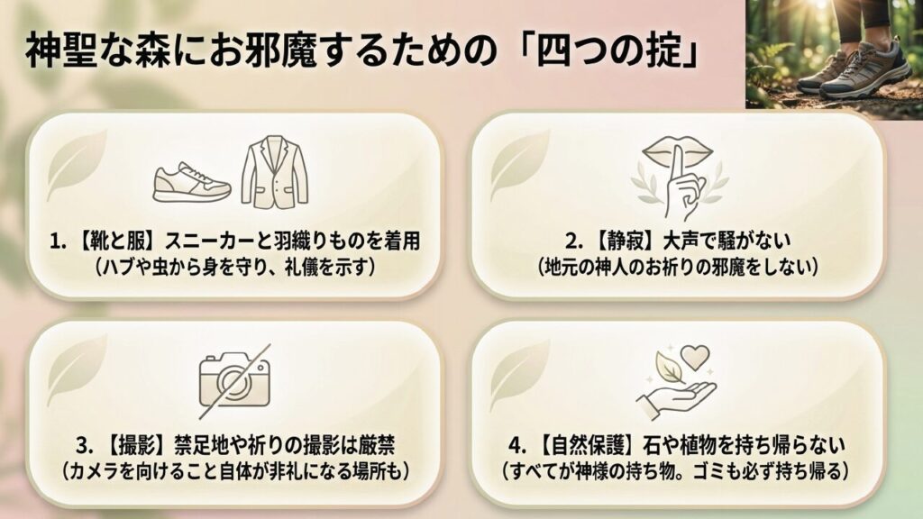 聖地を訪れる四つの掟 神聖な森にお邪魔するための靴、静寂、撮影、自然保護の四つの掟