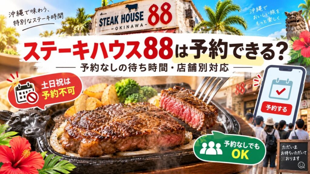 ステーキハウス88は予約できる？予約なしの待ち時間や土日祝の予約不可、店舗別対応を解説するアイキャッチ画像