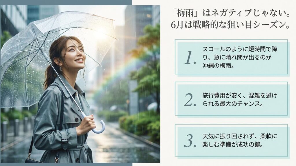 沖縄の梅雨はスコールのように短時間で降るのが特徴。柔軟に楽しむ準備が成功の鍵。