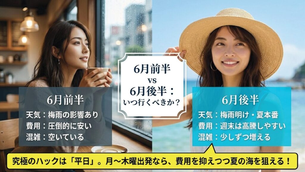 6月前半と後半の天気・費用・混雑比較。究極のハックは平日の月〜木曜出発