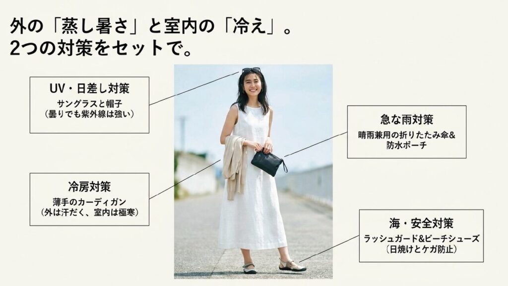 沖縄6月旅行の服装と持ち物。日差し、急な雨、冷房、海の安全対策