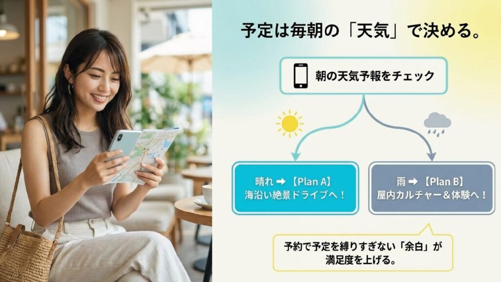 予定は毎朝の天気で決める。晴れなら絶景ドライブ、雨なら屋内カルチャー体験へ