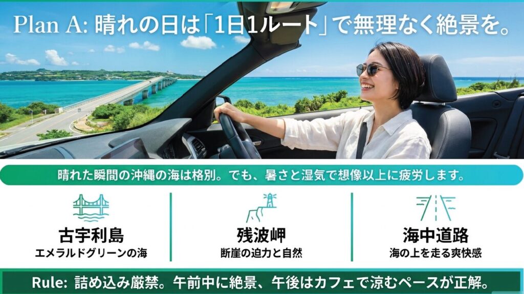 晴れの日は1日1ルートで無理なく絶景を。古宇利島、残波岬、海中道路など