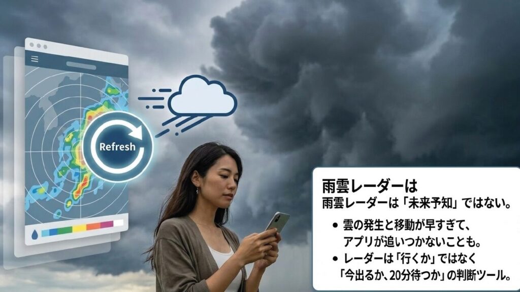 ベッドでスマホの雨雲レーダーを見る女性