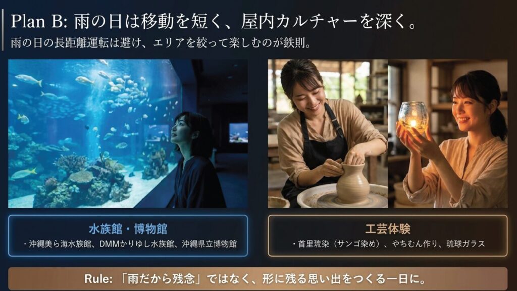 雨の日は移動を短く、水族館や工芸体験など屋内カルチャーを深く楽しむ