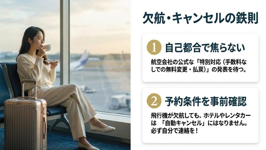 空港で待つ女性と欠航・キャンセルの鉄則