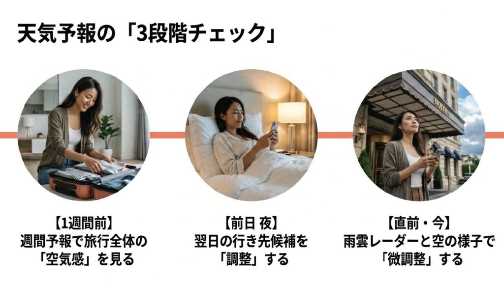 週間予報・前日・直前で確認する天気予報の3段階チェック