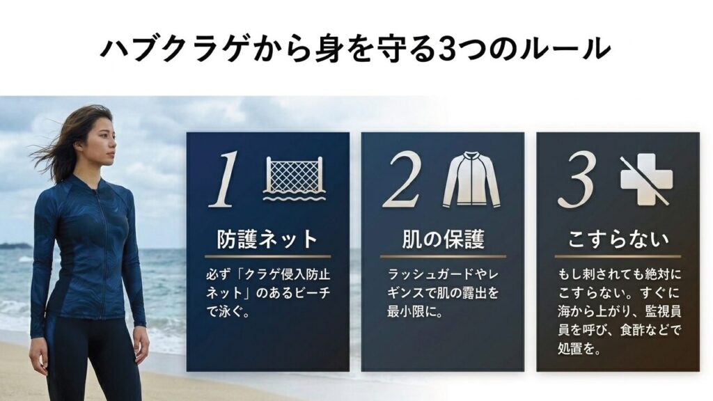 ハブクラゲから身を守る3つのルール。防護ネット、肌の保護、刺されてもこすらない