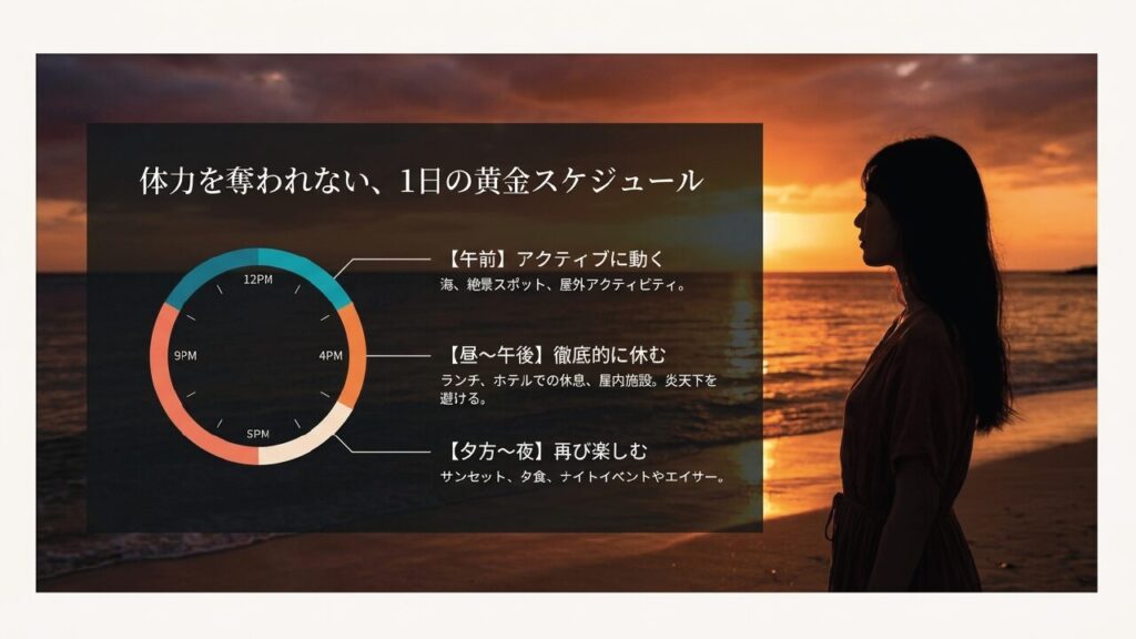 体力を奪われない1日の黄金スケジュール（午前・昼・夕方〜夜）