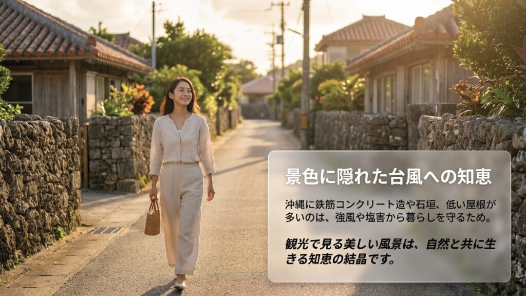 景色に隠れた台風への知恵（鉄筋コンクリート造や石垣）