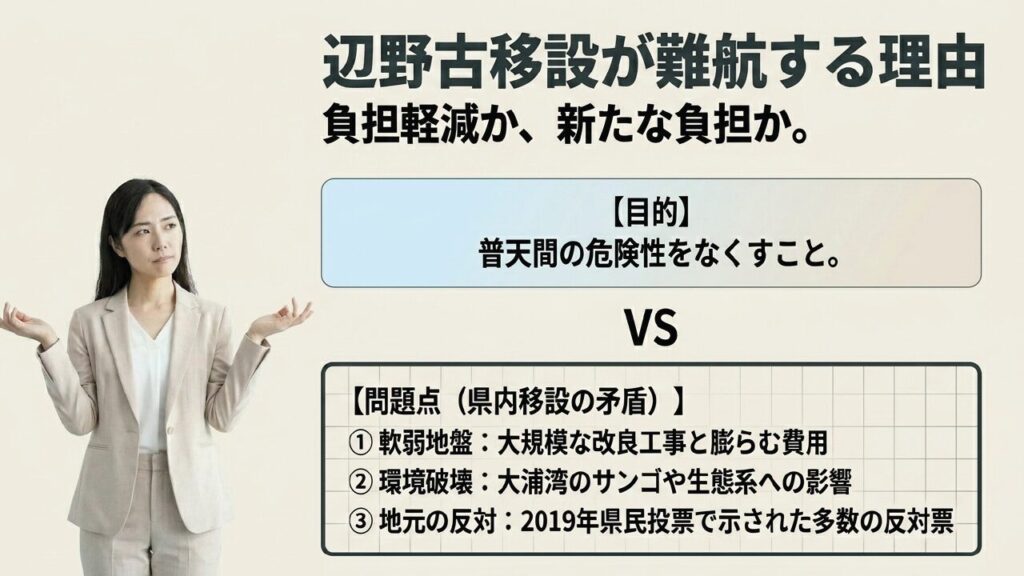 辺野古移設が難航する理由：軟弱地盤、環境破壊、地元の反対
