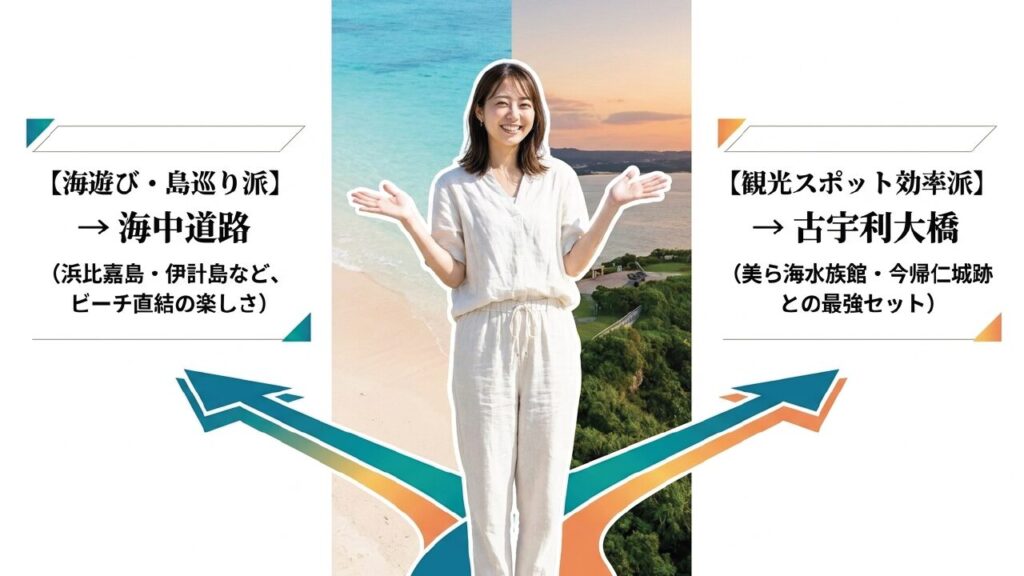 海遊び・島巡り派は海中道路、観光スポット効率派は古宇利大橋