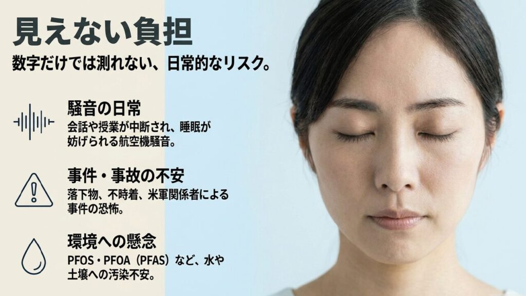 数字だけでは測れない負担：騒音、事件事故、環境汚染への不安
