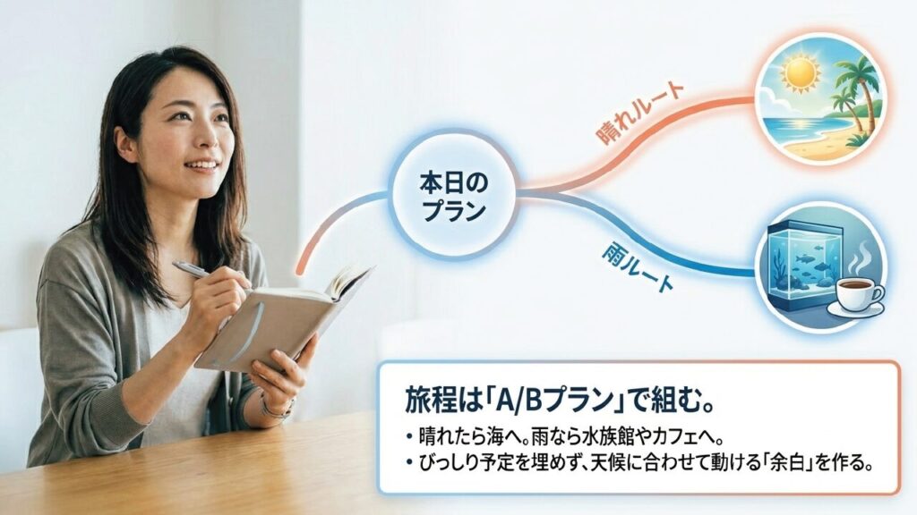 晴れルートと雨ルートのA/Bプラン