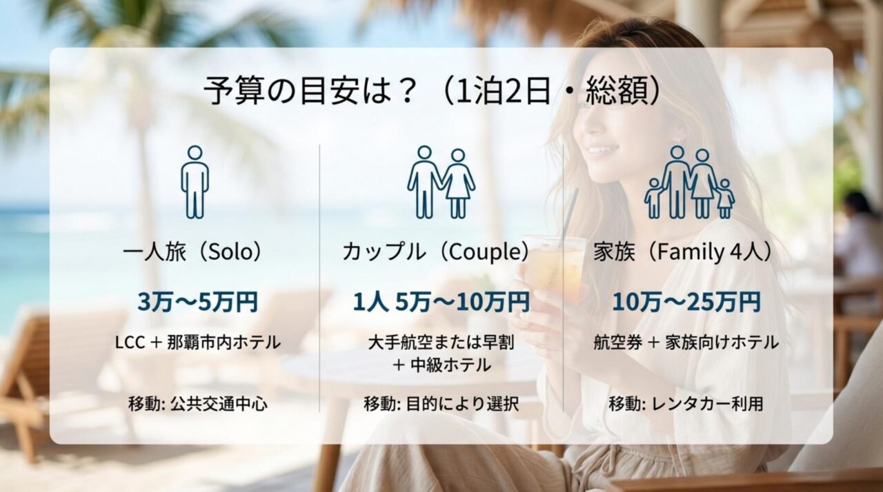 沖縄旅行1泊2日の人数別予算 沖縄旅行1泊2日の費用目安として一人旅3万から5万円、カップル1人5万から10万円、家族4人10万から25万円を示した図