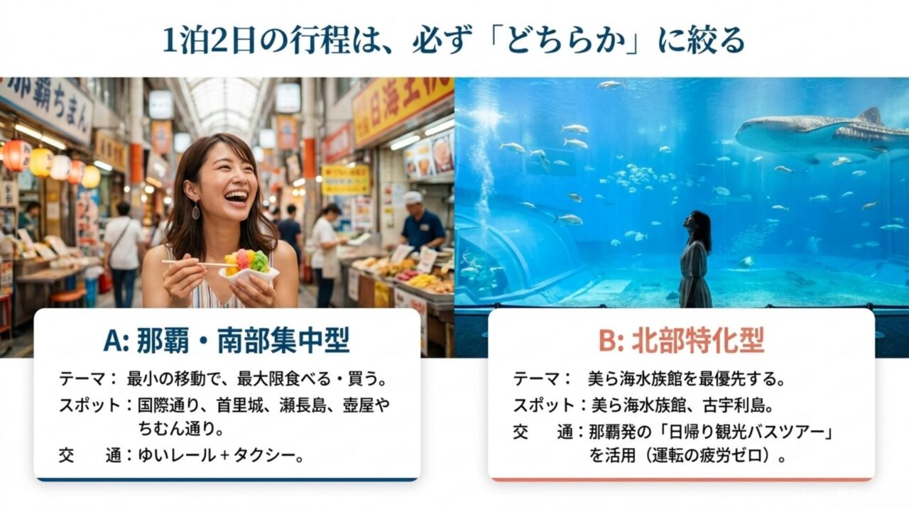 沖縄旅行1泊2日のモデルコース比較 沖縄旅行1泊2日で那覇・南部集中型と美ら海水族館を優先する北部特化型のモデルコースを比較した図