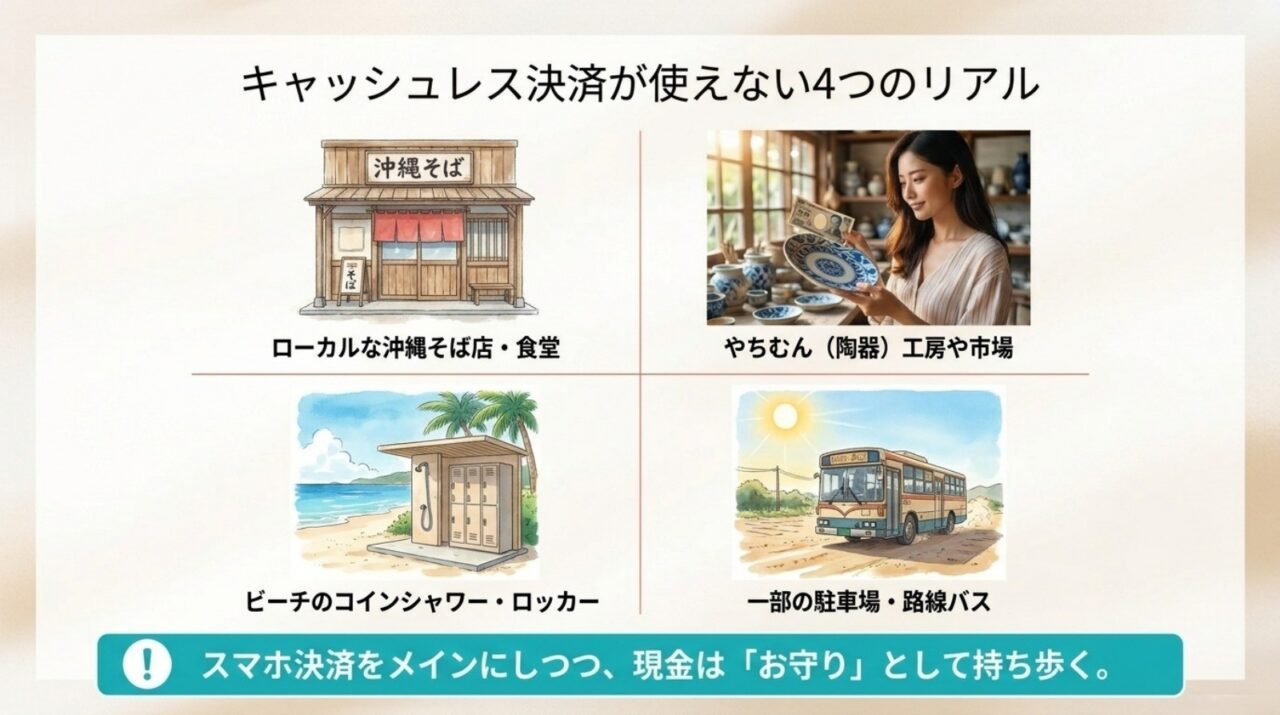 沖縄そば店・やちむん工房・ビーチ設備・路線バスなど現金が必要な場面