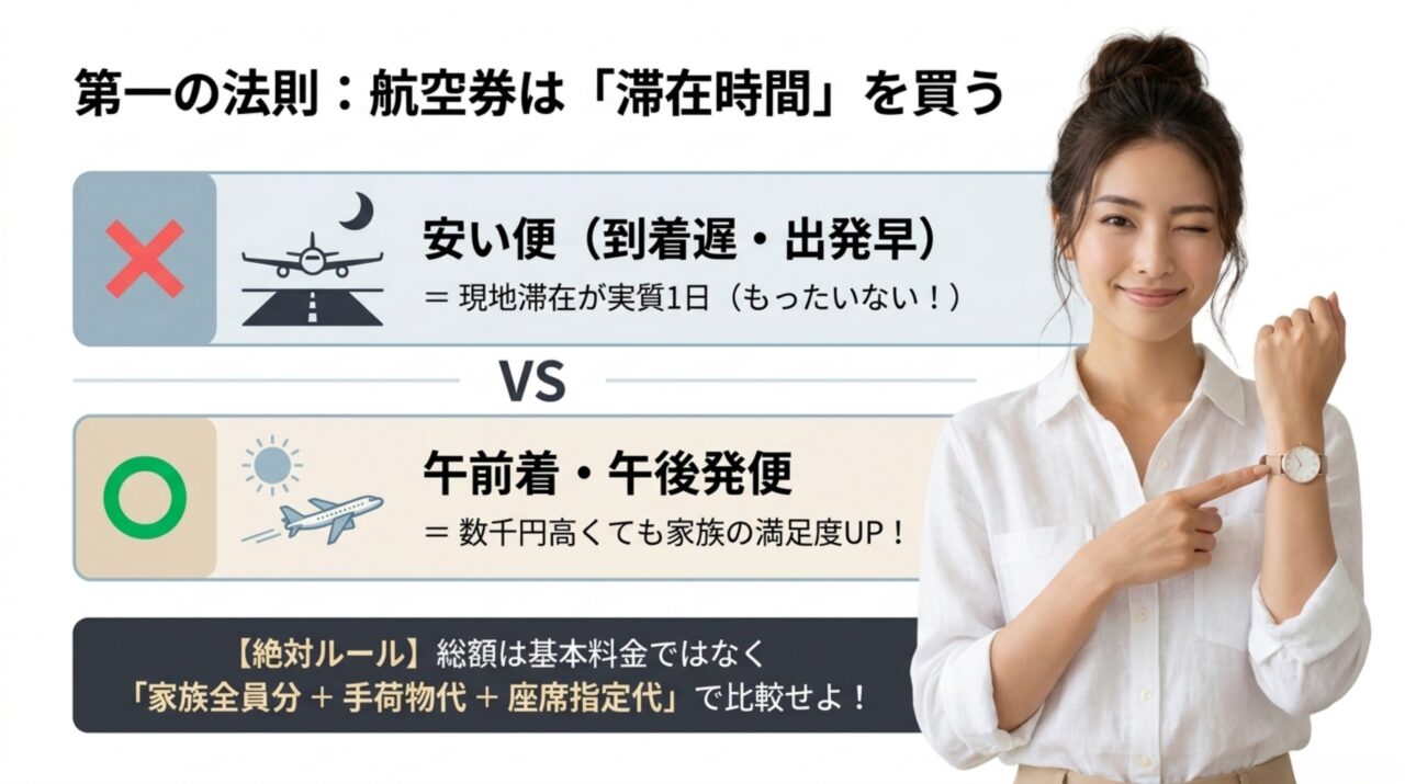 沖縄旅行の航空券は滞在時間まで比較 安い到着遅め出発早めの便と午前到着午後出発の便を比較し、家族旅行では滞在時間を重視する考え方を示すスライド