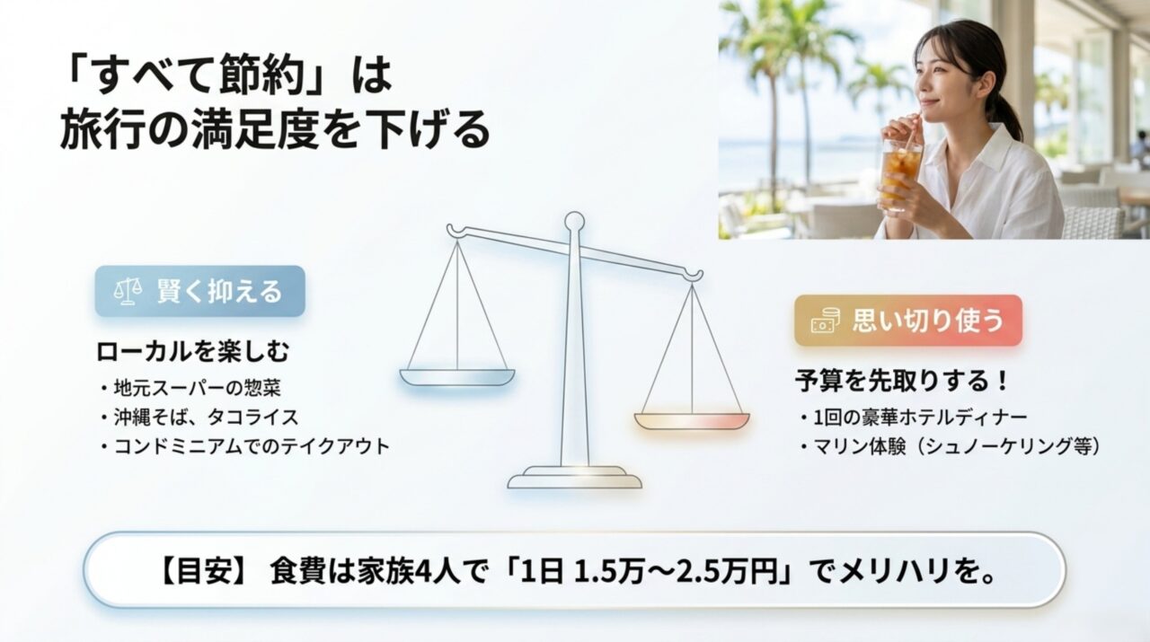 沖縄旅行の食費と体験費はメリハリをつける 家族4人の食費を1日1万5千円から2万5千円の目安とし、地元グルメで抑えて体験に予算を使う考え方を示すスライド