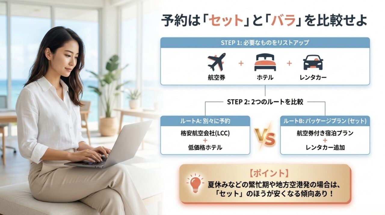 沖縄旅行はセット予約と別予約を比較 航空券とホテルとレンタカーを別々に予約する方法と航空券付き宿泊プランを比較する流れを示すスライド