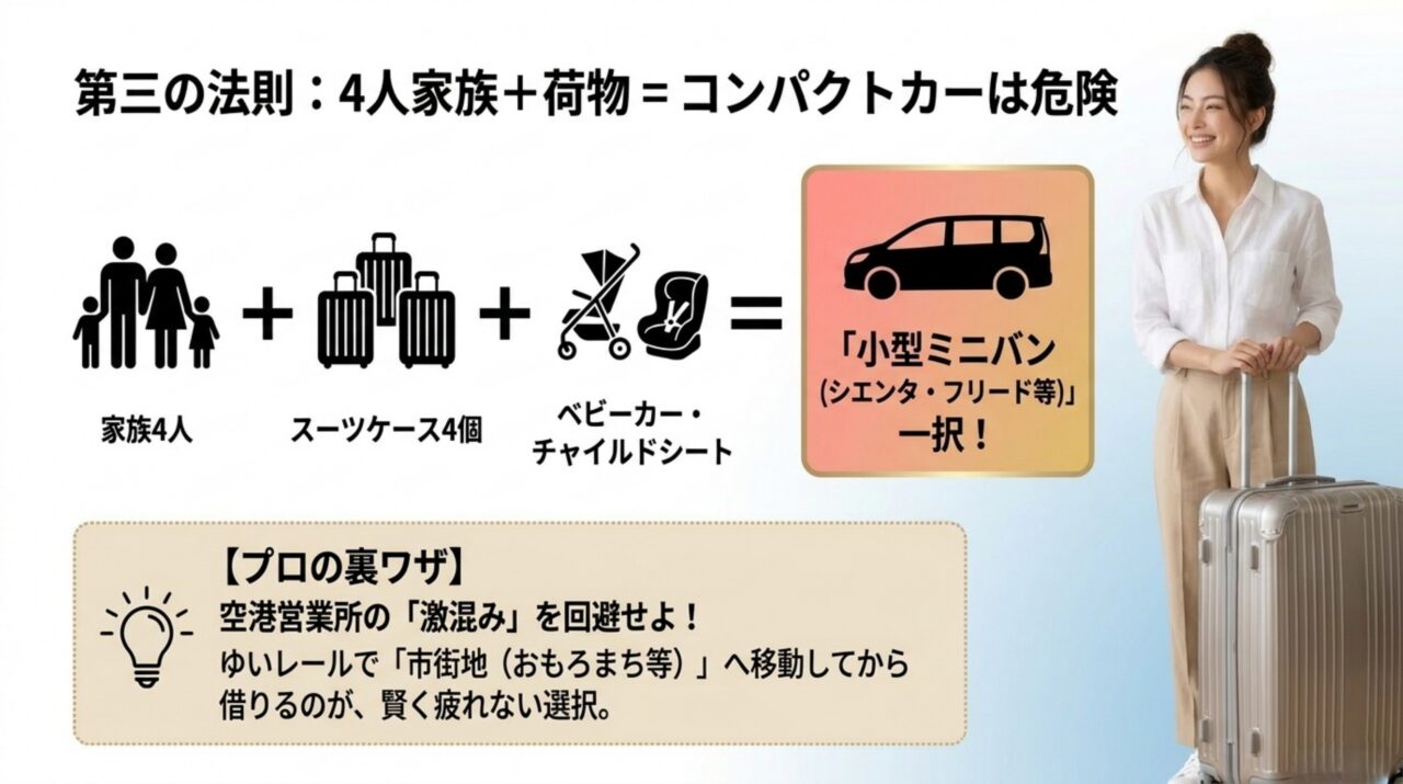 沖縄旅行4人家族は小型ミニバンが安心 家族4人とスーツケース4個、ベビーカー、チャイルドシートを載せるなら小型ミニバンが適していることを示すスライド