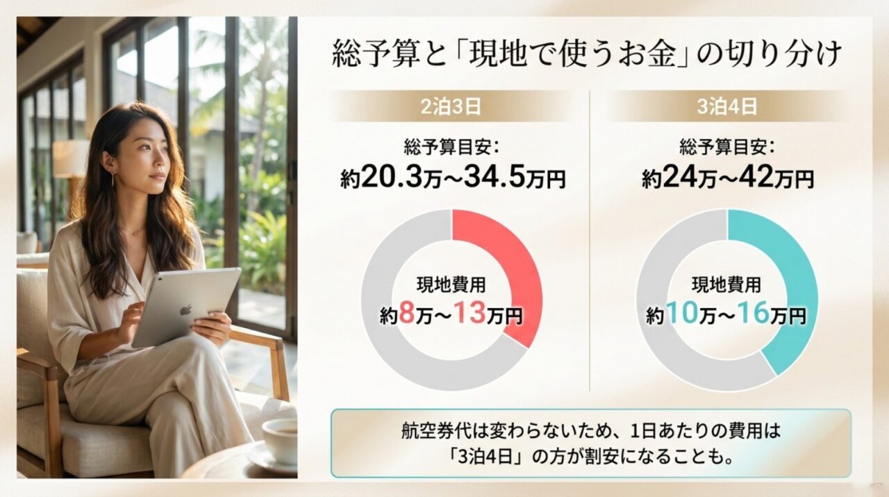 2泊3日と3泊4日の家族3人沖縄旅行の総予算と現地費用を比較した図