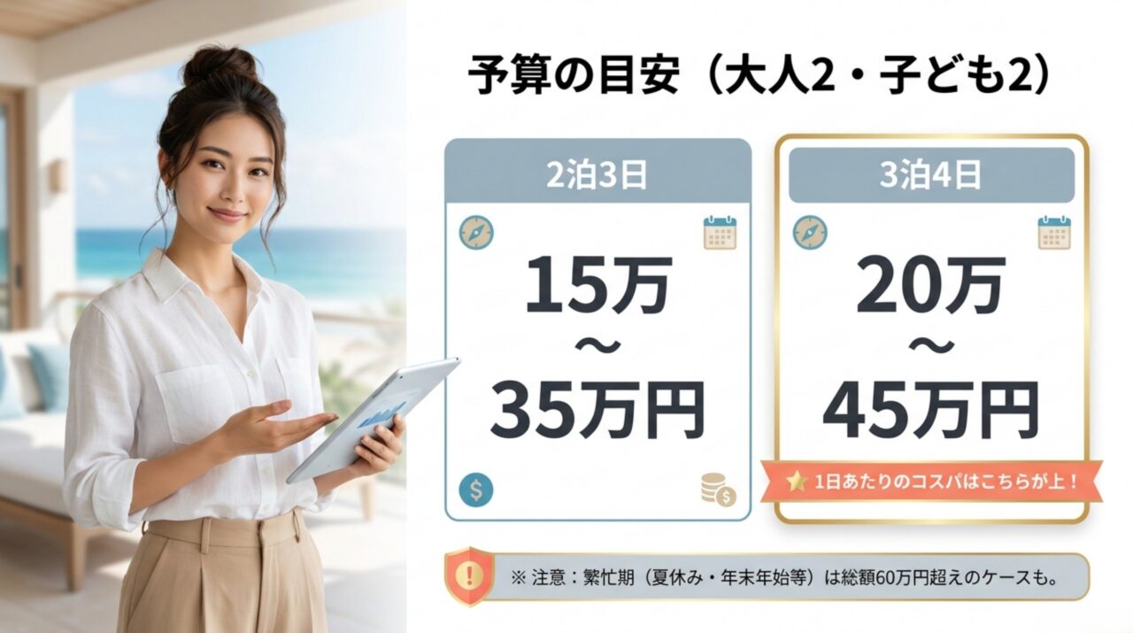 沖縄旅行4人家族の2泊3日・3泊4日予算 大人2人子ども2人の沖縄旅行で2泊3日は15万から35万円、3泊4日は20万から45万円が目安と示すスライド