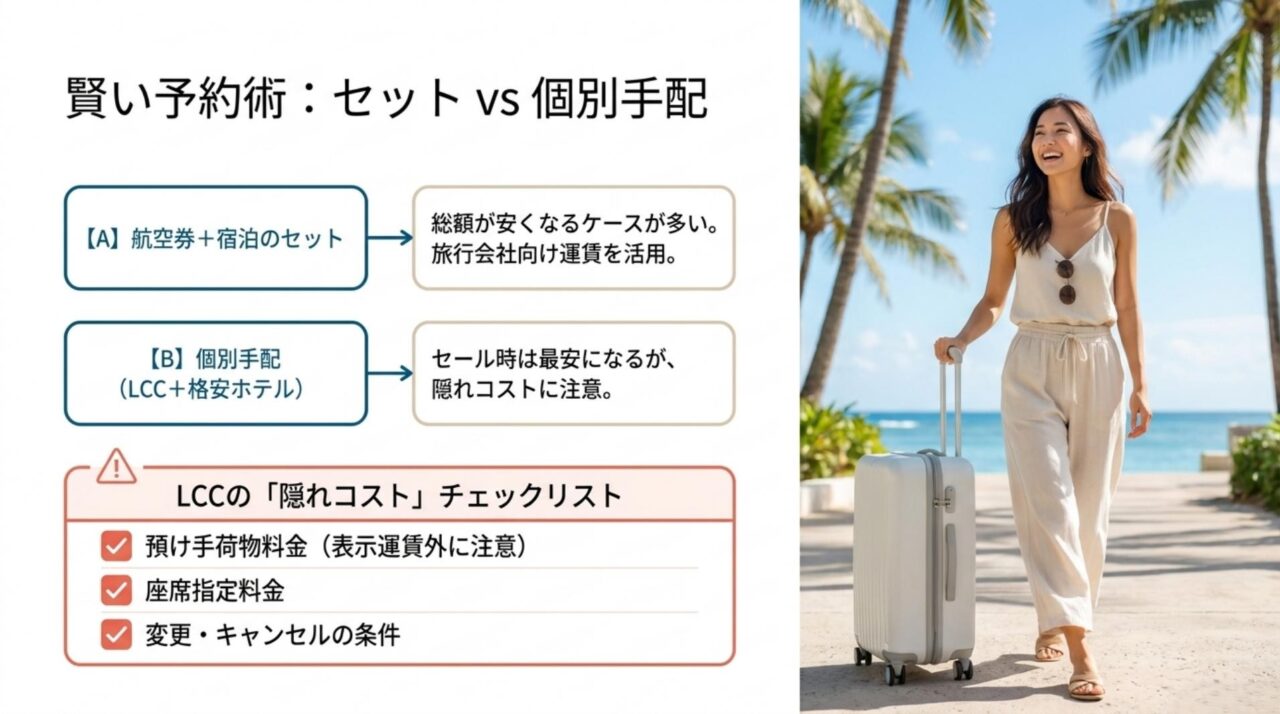 航空券と宿泊の予約方法比較 航空券と宿泊のセット予約とLCCの個別手配を比較し、預け手荷物や座席指定などの隠れコストを示したスライド