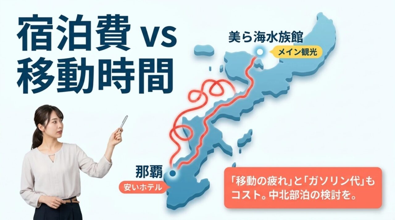 那覇の安いホテルから美ら海水族館へ移動する場合の宿泊費と移動時間を比較する沖縄本島地図