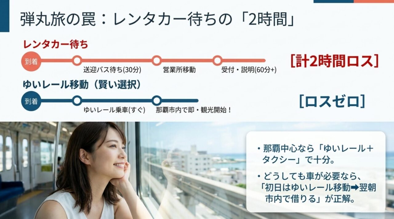 沖縄レンタカー待ち時間の回避方法 那覇空港のレンタカー送迎と受付で2時間失う流れと、ゆいレール移動で待ち時間を避ける方法を比較した図