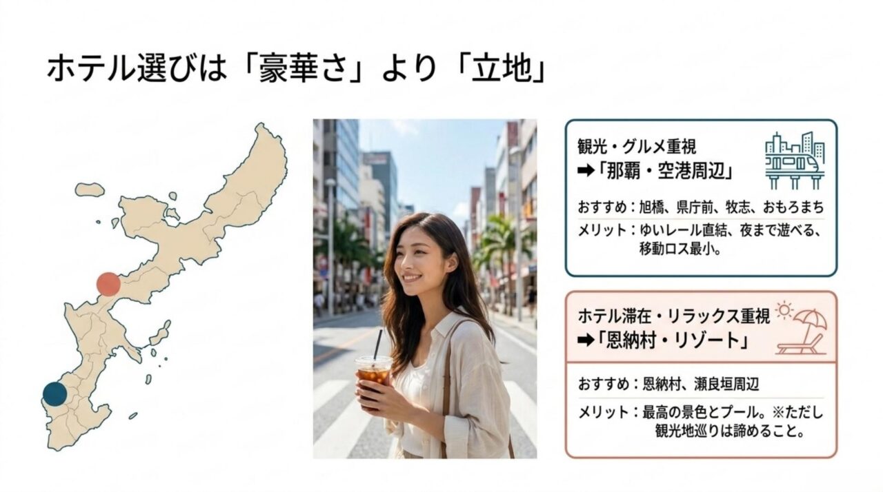沖縄1泊2日のホテル立地選び 観光とグルメを重視する那覇・空港周辺と、ホテル滞在を重視する恩納村・リゾートの選び方を比較した図
