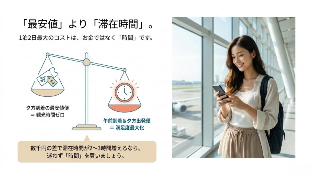 最安値より滞在時間を優先 夕方到着の最安便と午前到着・夕方出発便を比較し、沖縄弾丸旅行では滞在時間が重要だと示す図