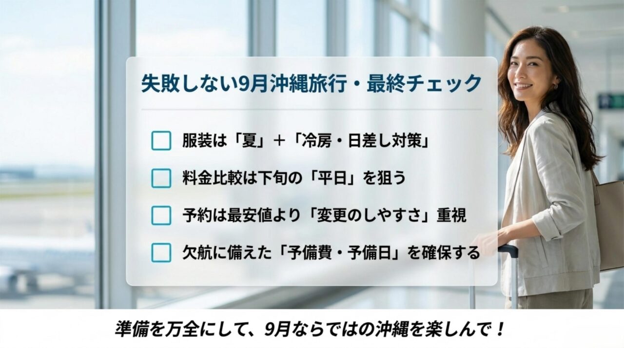 服装と料金比較と変更しやすい予約と予備費を確認する9月の沖縄旅行チェックリストのスライド