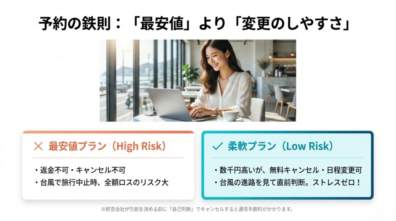 返金不可の最安値プランと無料キャンセルや日程変更ができる柔軟なプランを比較したスライド