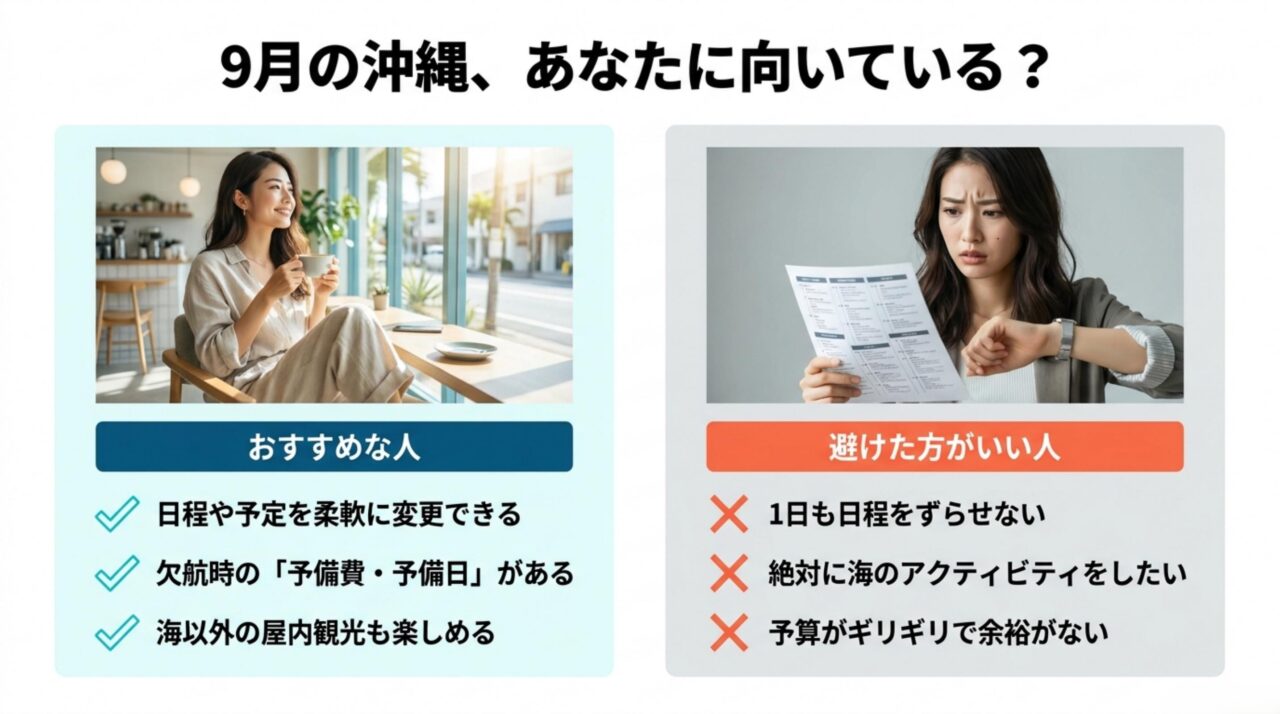 9月の沖縄旅行に向いている人と日程変更が難しい人など避けた方がよい人を比較したスライド