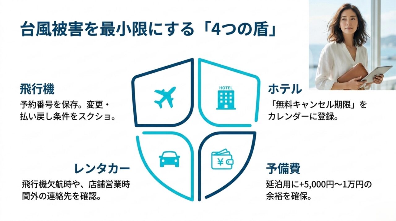 飛行機とホテルとレンタカーと予備費の4項目で沖縄旅行の台風被害を抑える方法を示したスライド